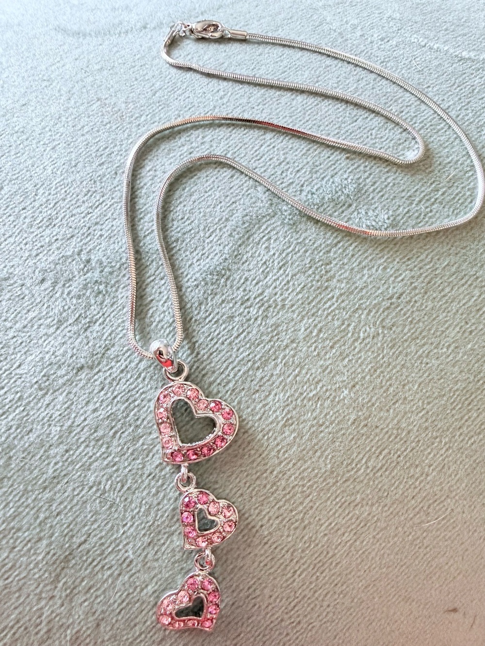 Silver Chain Necklace with Three Pink Heart Pendants